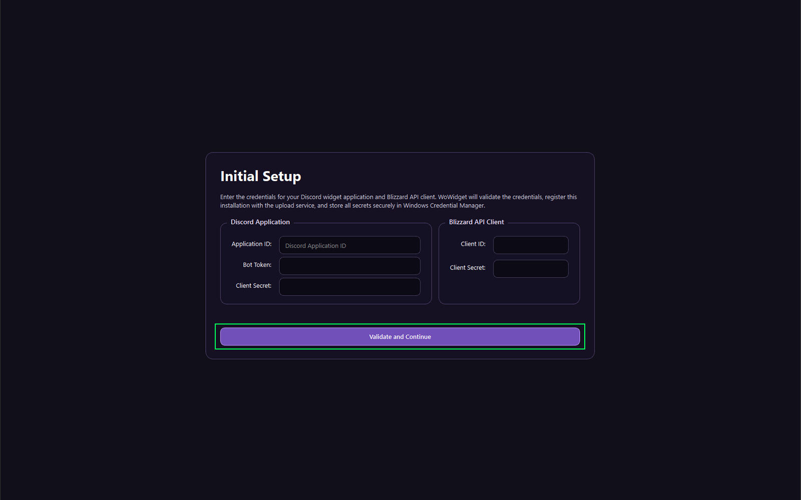 WoWidget credential setup screen