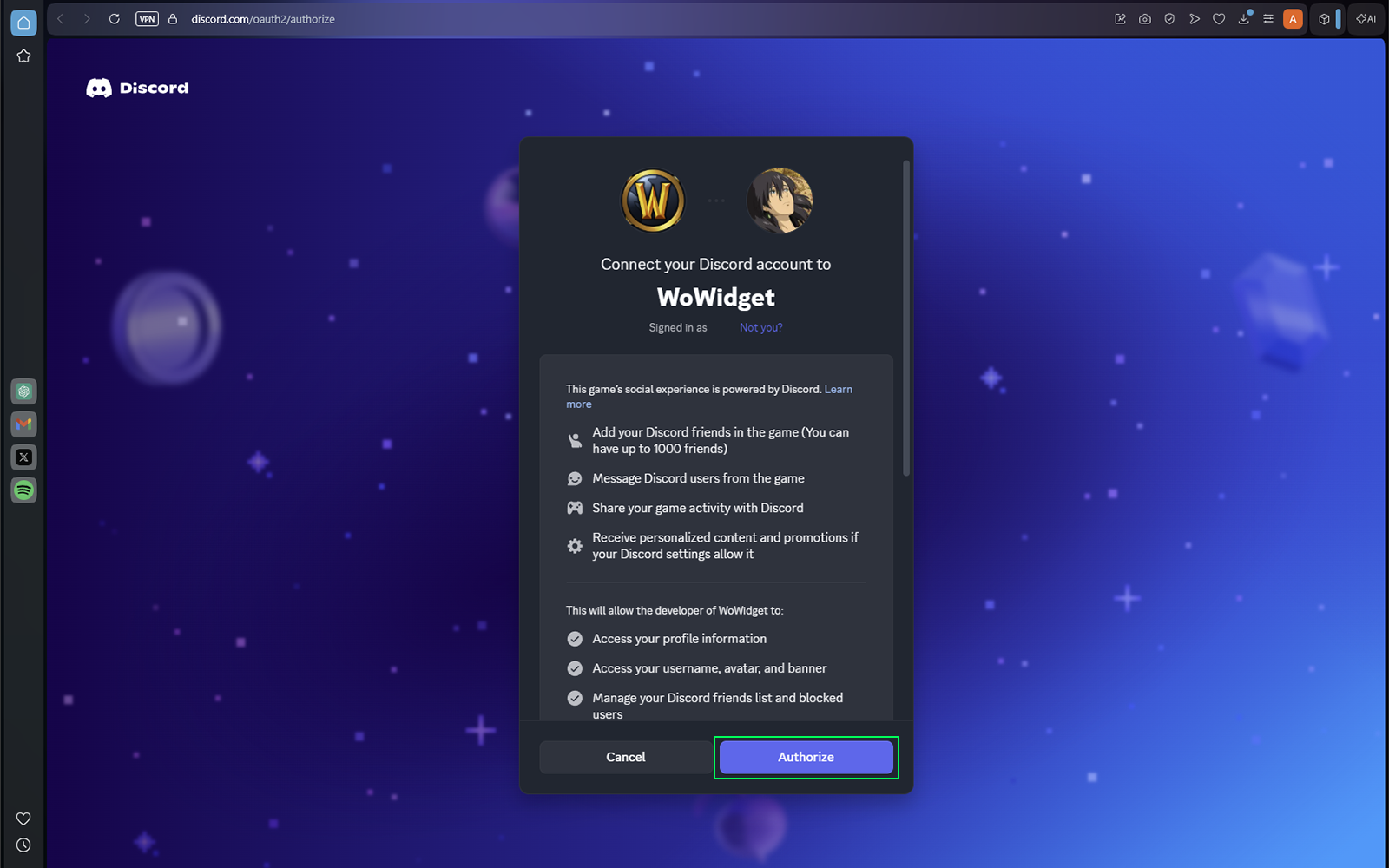 Discord OAuth authorization screen