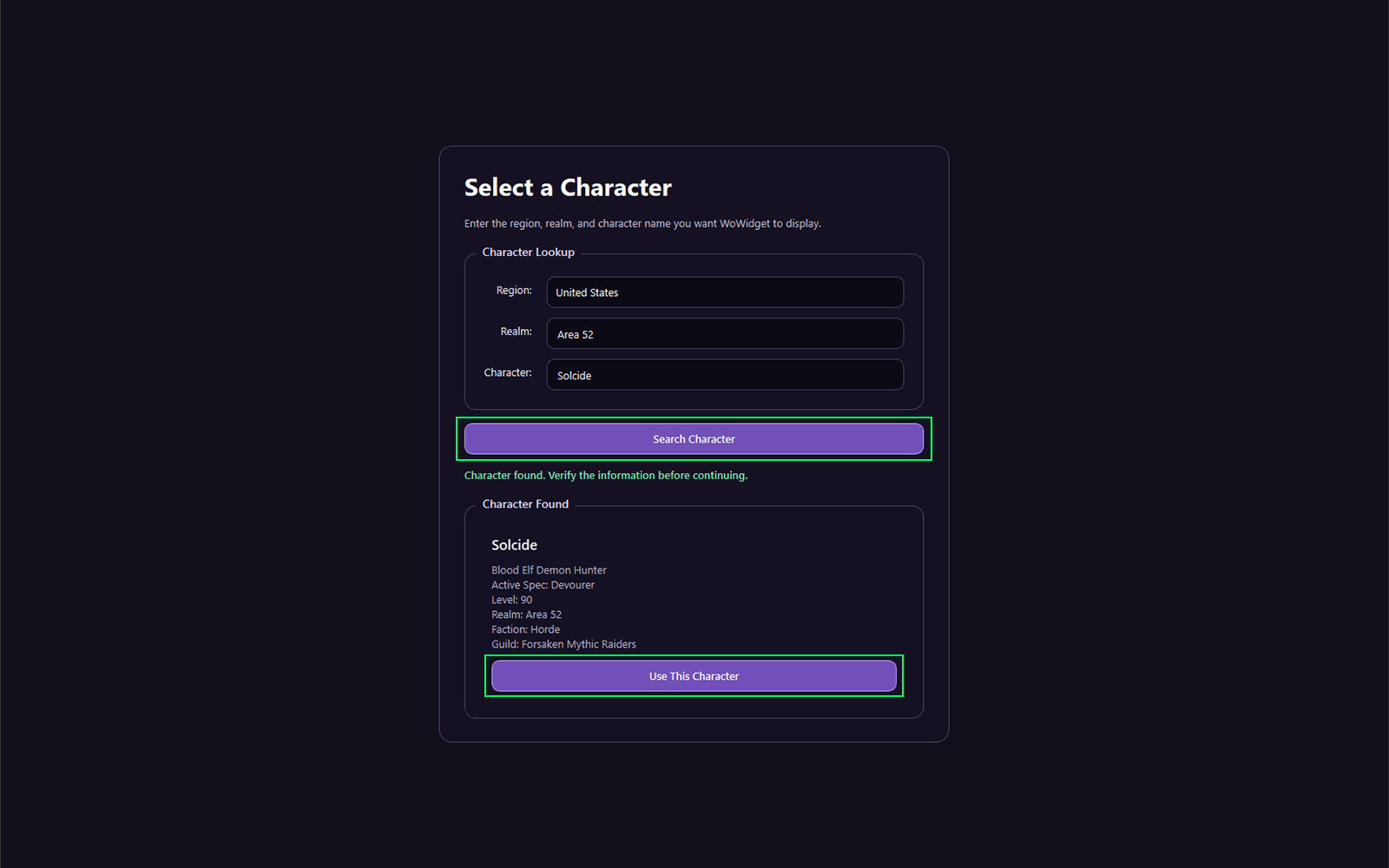 WoWidget character search and selection screen