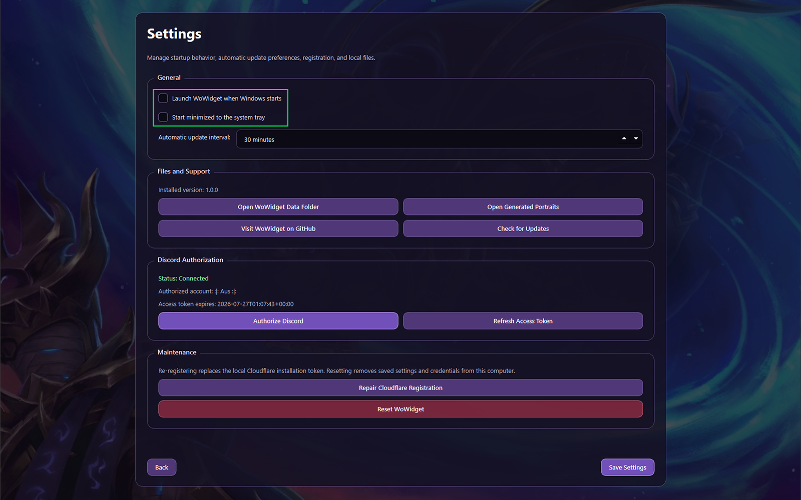 WoWidget Settings page