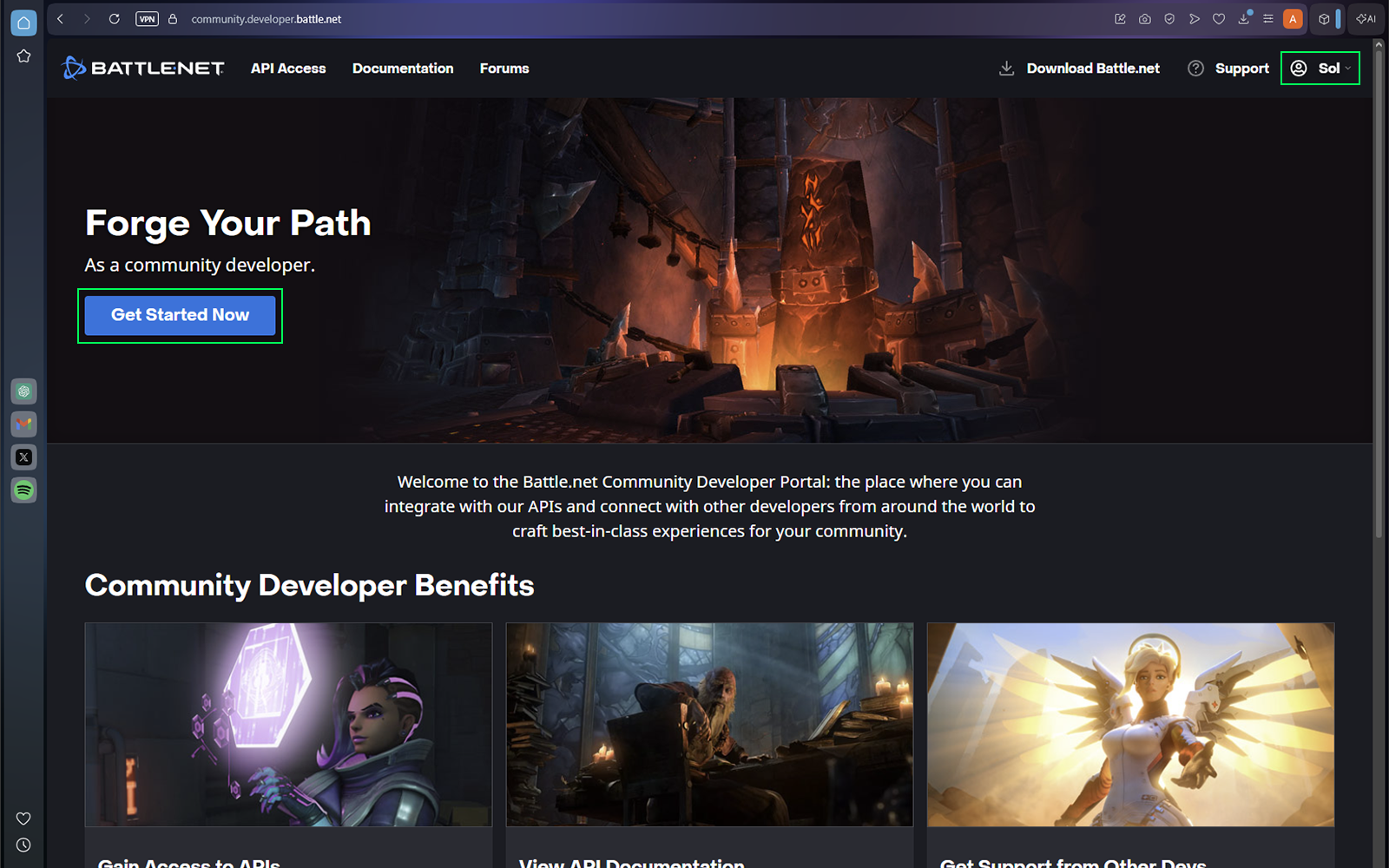 Blizzard Developer Portal with Get Started Now highlighted