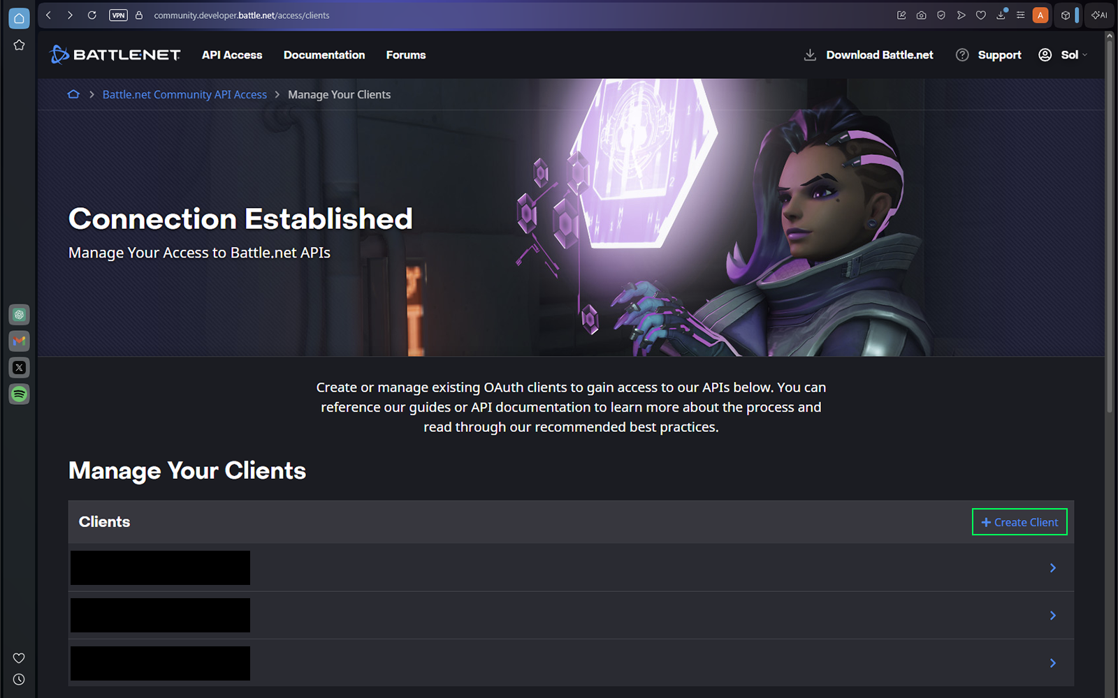 Blizzard Developer Portal Create Client button