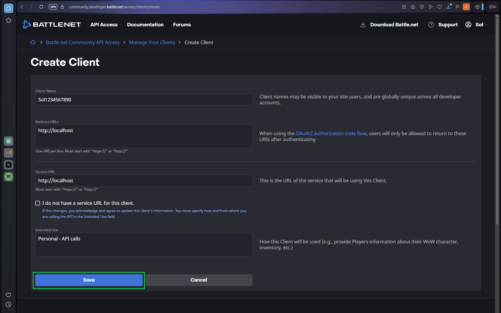 Blizzard client setup form