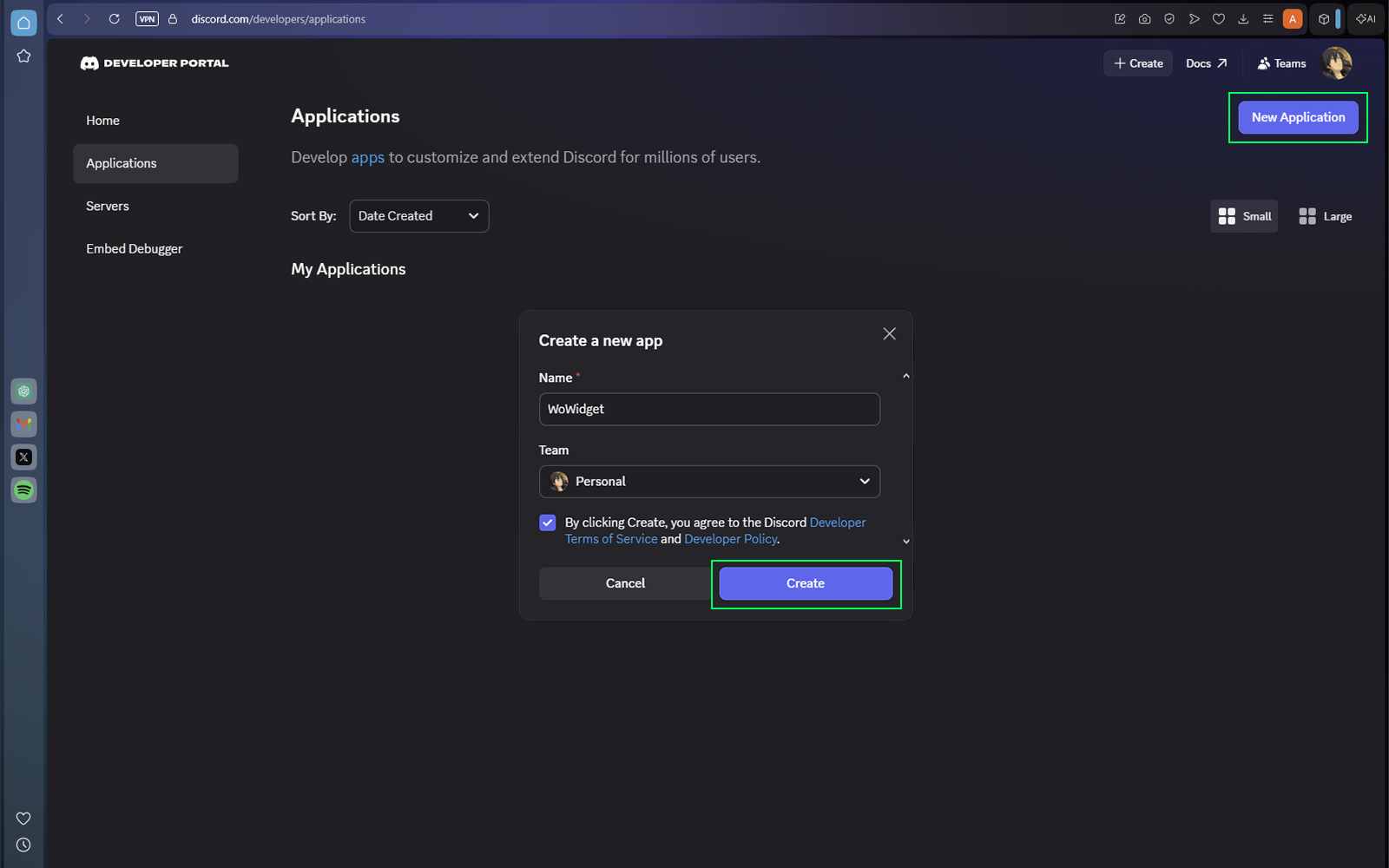 Discord Developer Portal New Application dialog