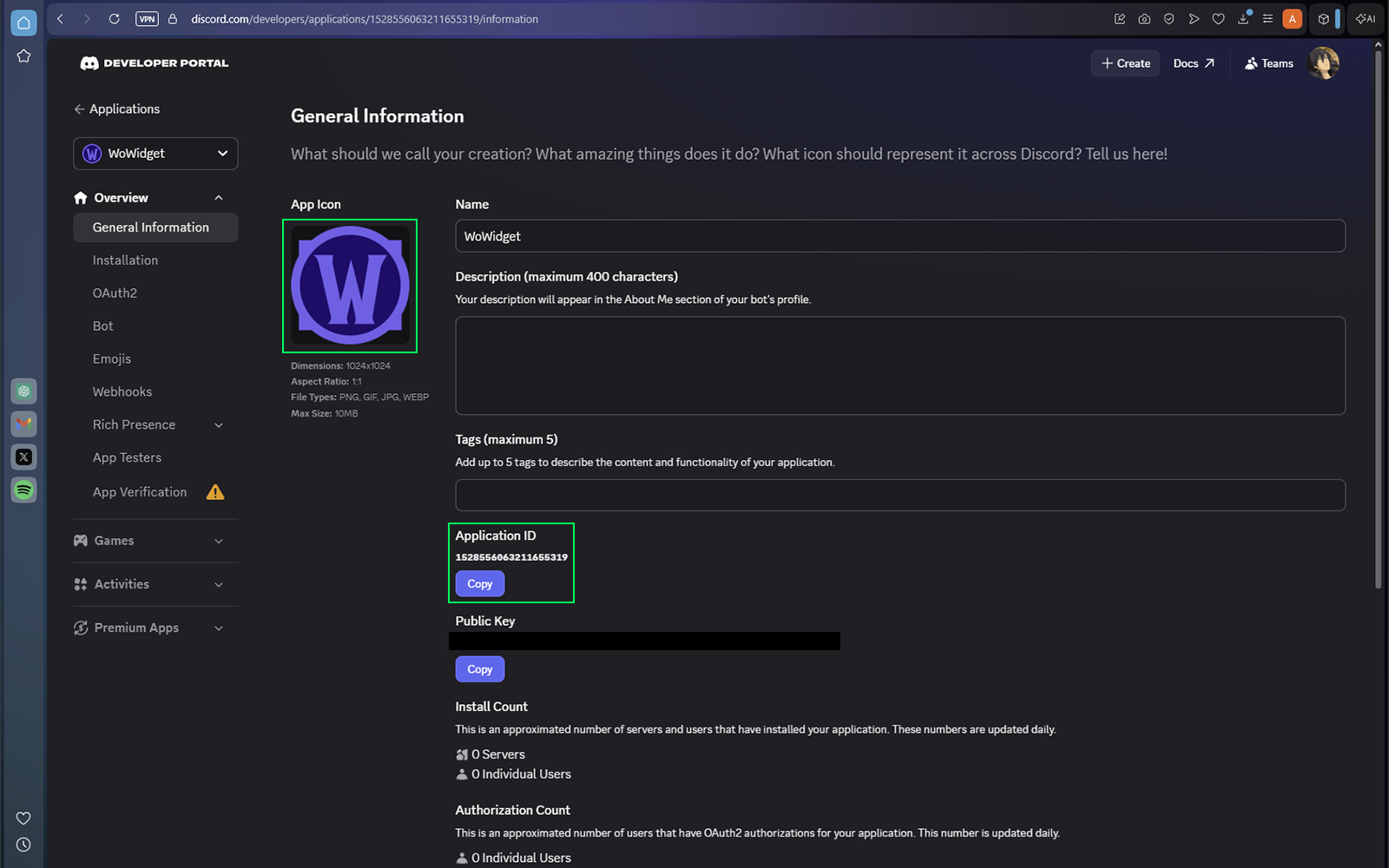 Discord application General Information page
