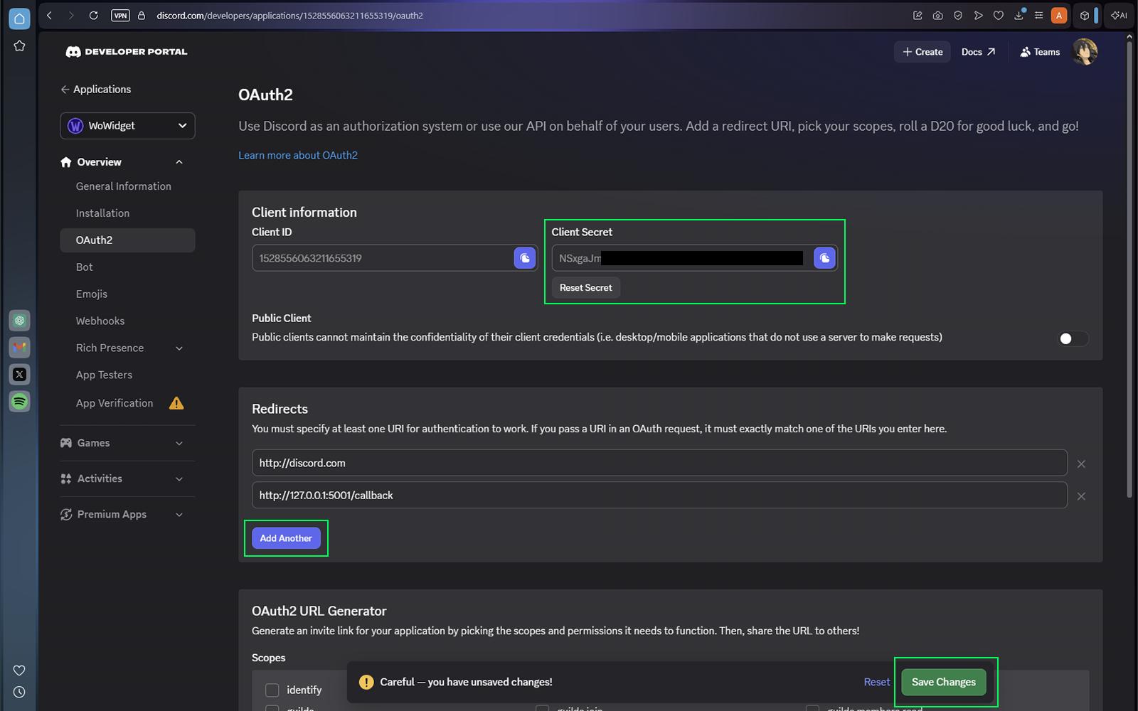 Discord OAuth2 settings with redirect URLs