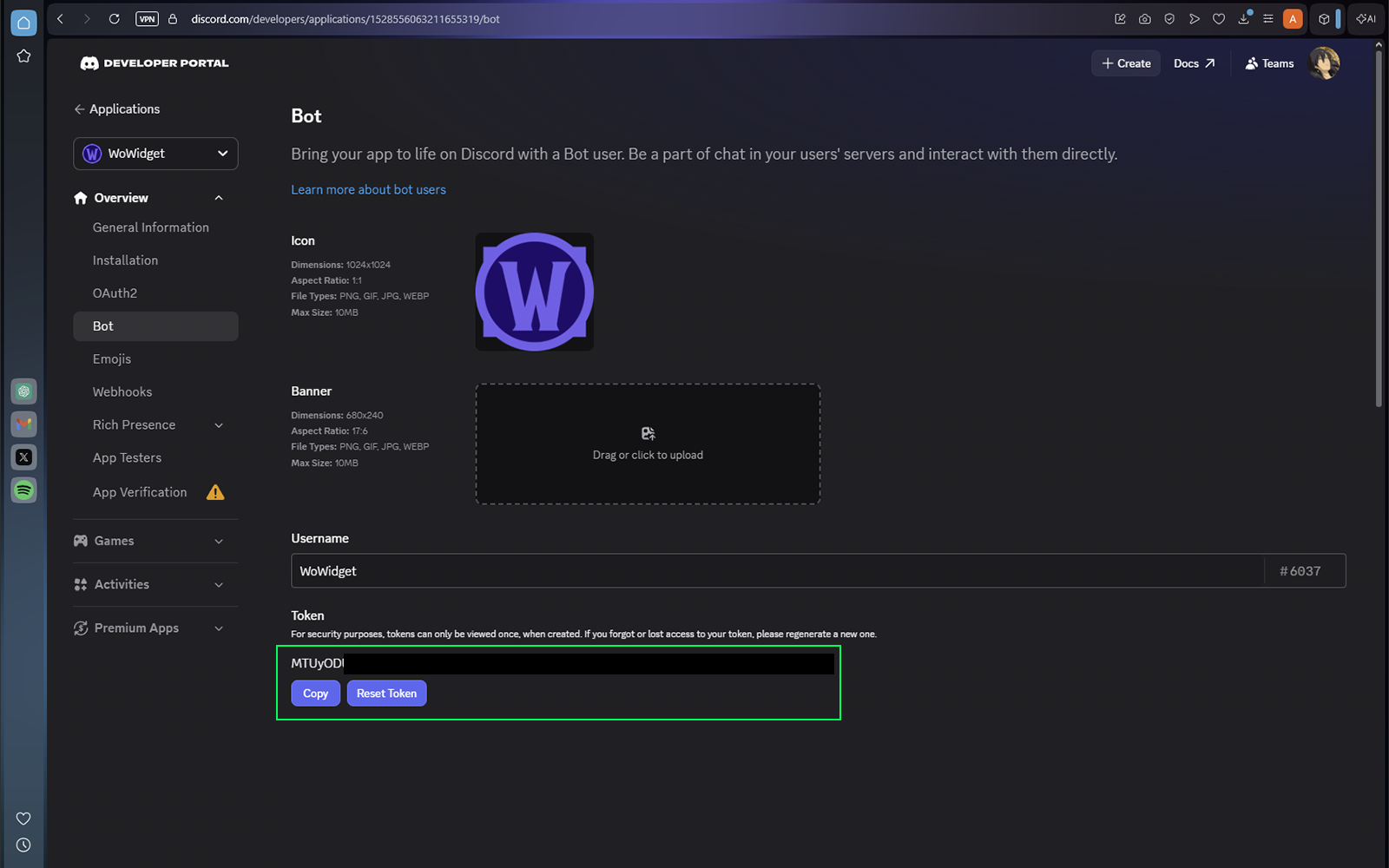 Discord Bot page with token controls