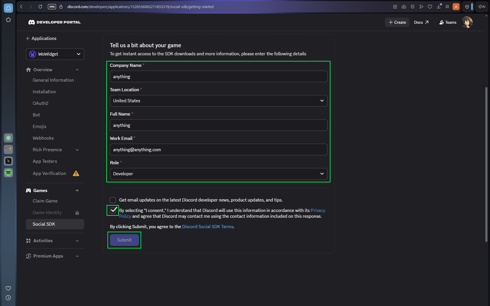 Discord Social SDK setup form