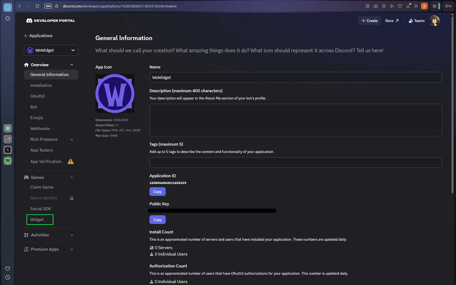 Discord Widget page Create Widget button