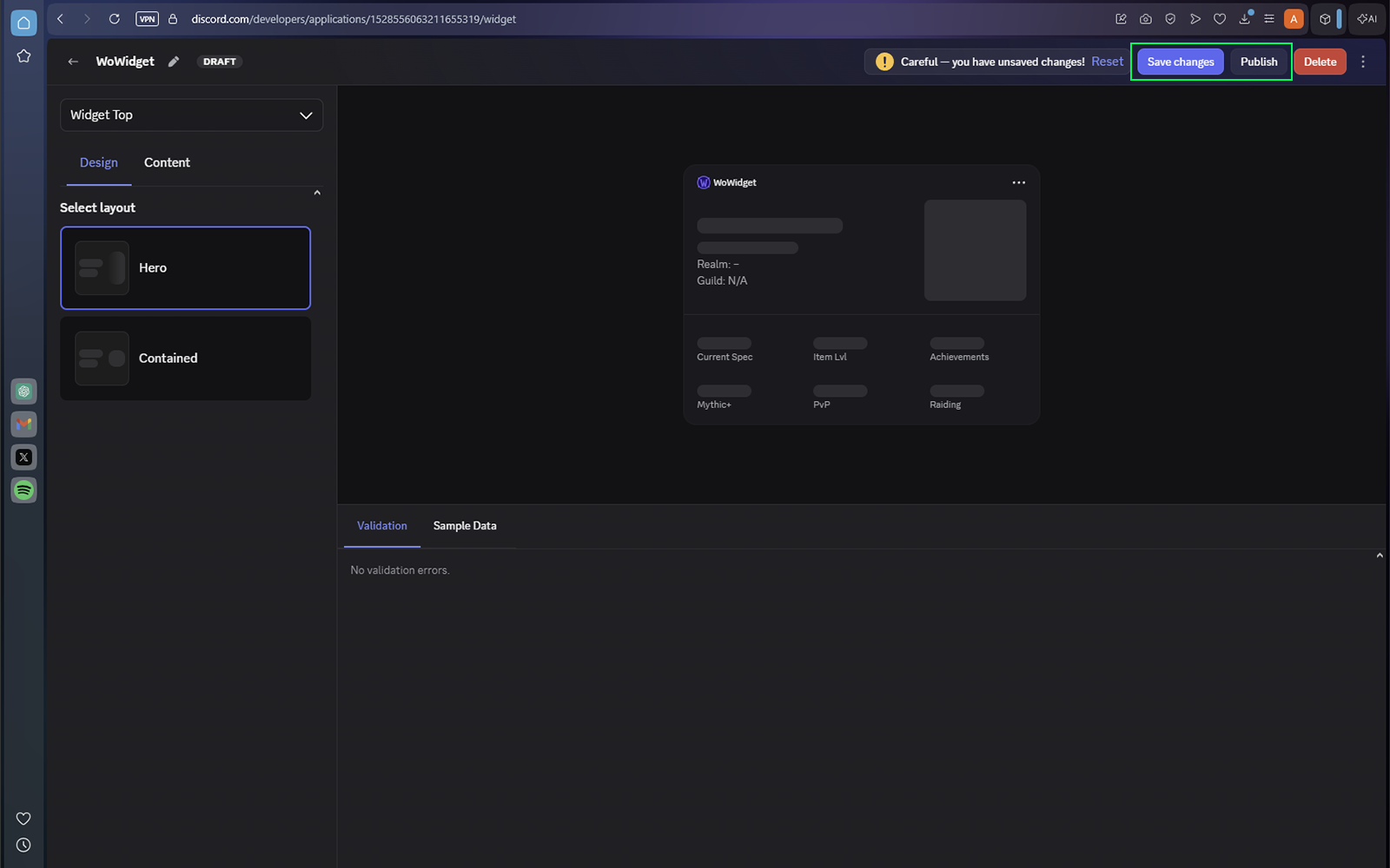 Discord Widget Editor Save Changes and Publish controls